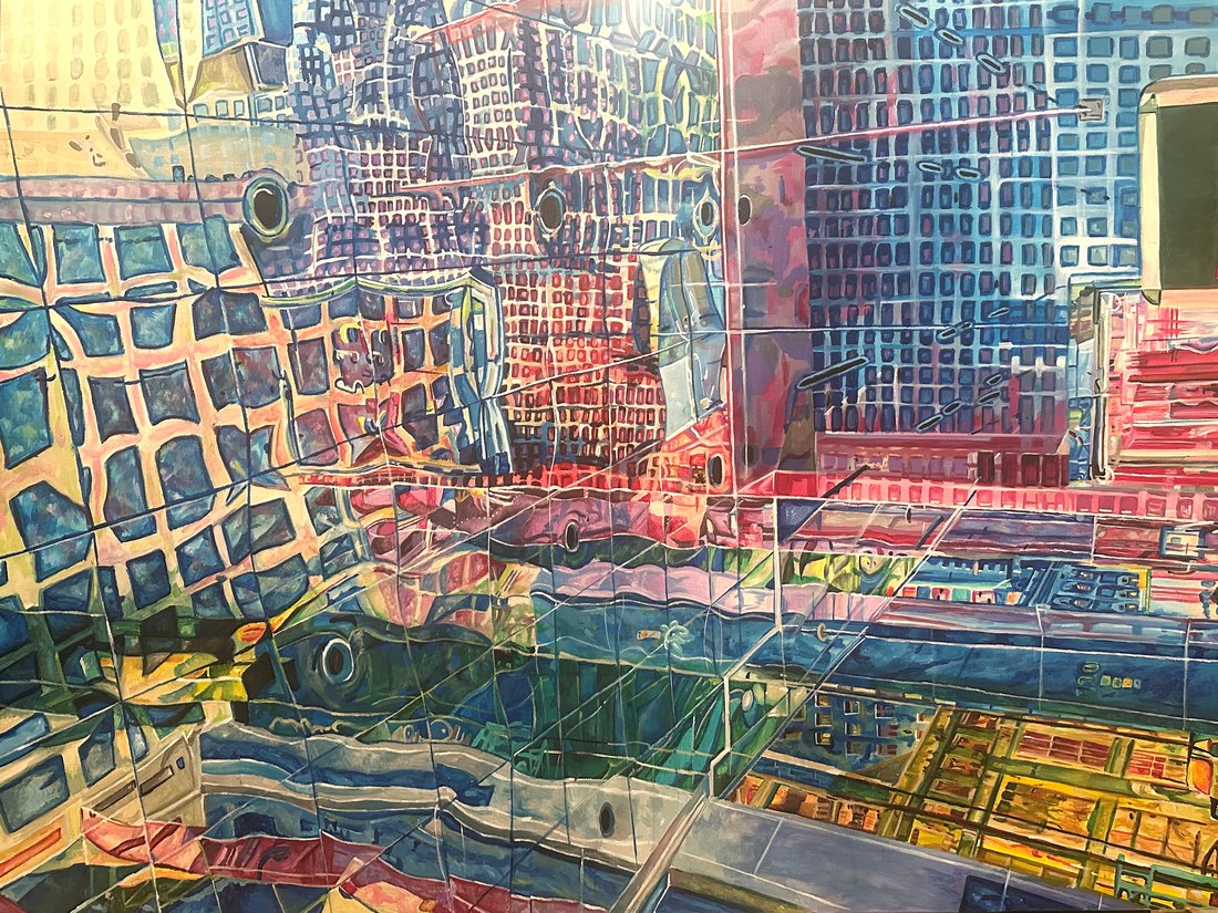 Dystopian Finance, a painting of fractured city towers in blues and pinks